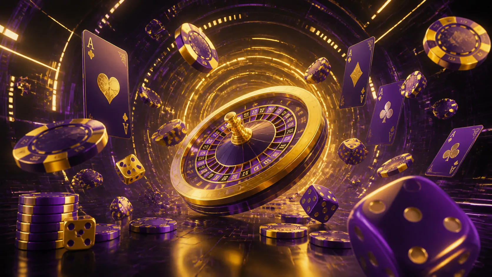 A luxurious 3D render of poker chips and cards in neon glow, illustrating casino excitement for Playbaze.